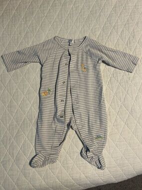 Kissy Kissy Gray and White Striped Footie with Animal Embroidery